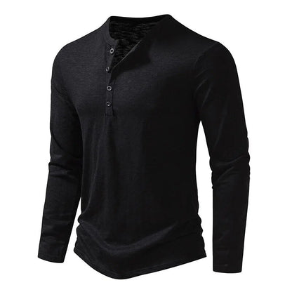 Heren Henley Shirt Lange Mouw met Knoopsluiting en Slim Fit Zwart
