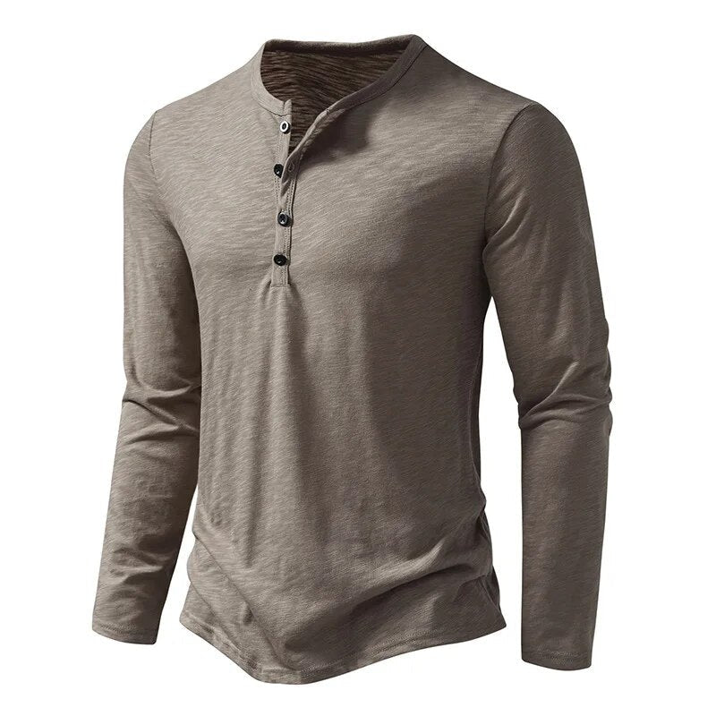 Heren Henley Shirt Lange Mouw met Knoopsluiting en Slim Fit Beige