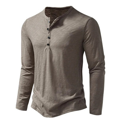Heren Henley Shirt Lange Mouw met Knoopsluiting en Slim Fit Beige