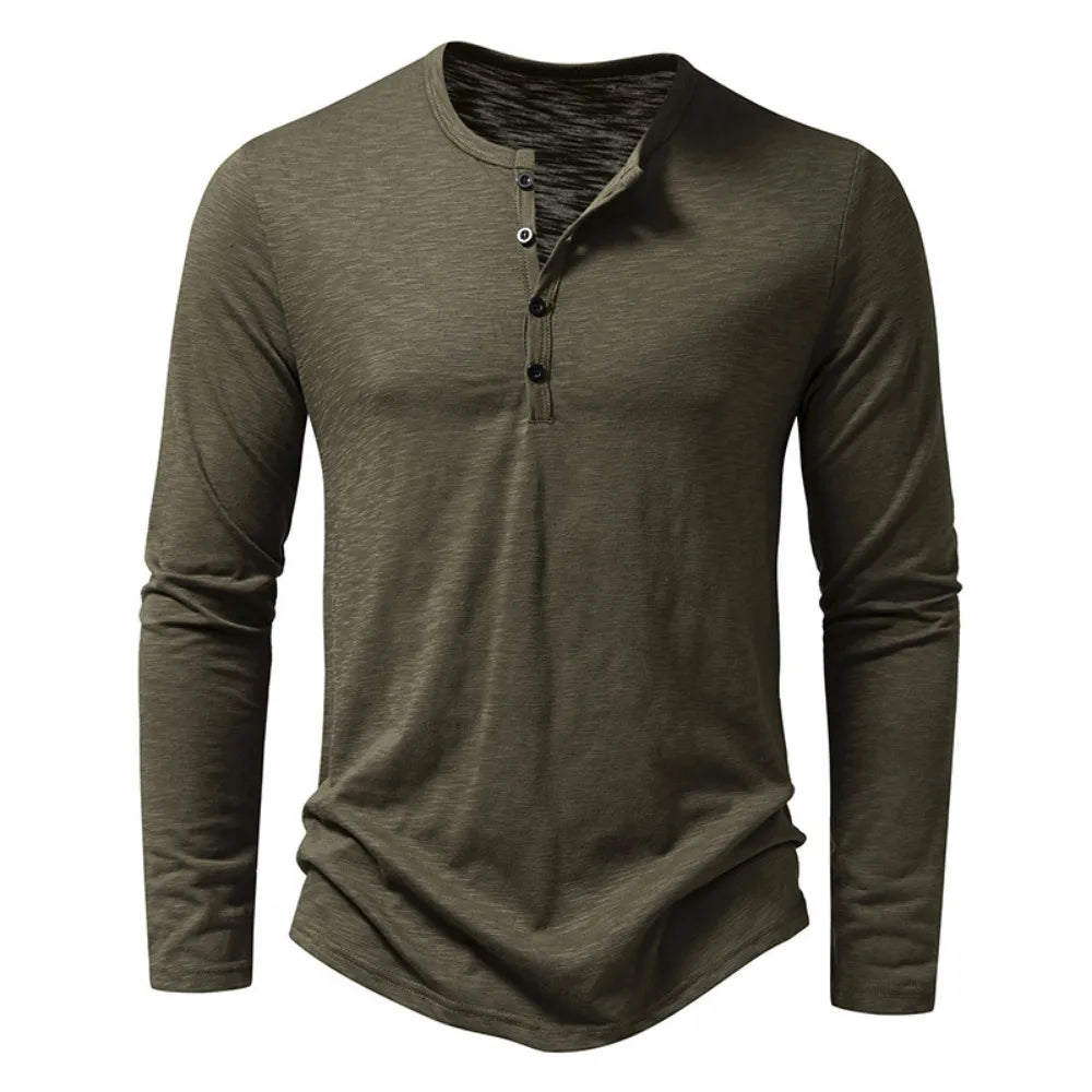 Heren Henley Shirt Lange Mouw met Knoopsluiting en Slim Fit
