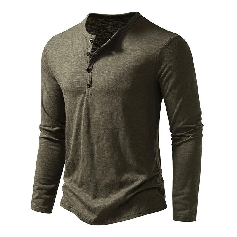 Heren Henley Shirt Lange Mouw met Knoopsluiting en Slim Fit Legergroen
