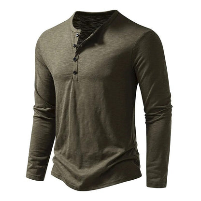 Heren Henley Shirt Lange Mouw met Knoopsluiting en Slim Fit Legergroen