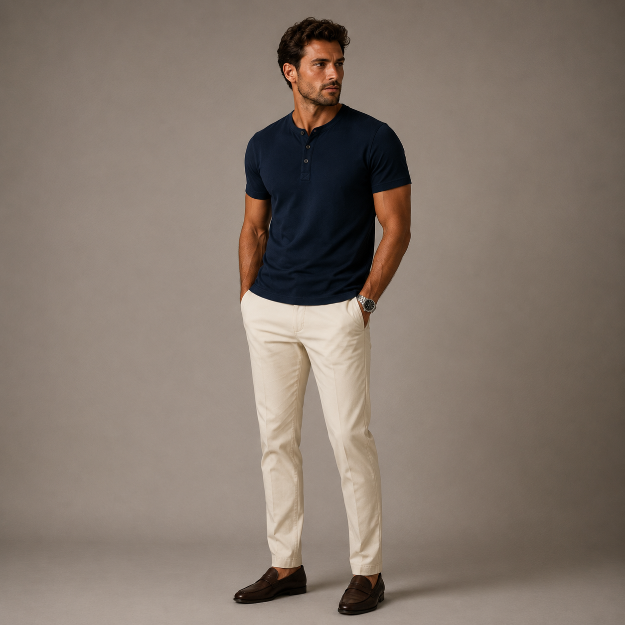 Heren Henley T-shirt Korte Mouw met Knoopsluiting Marineblauw