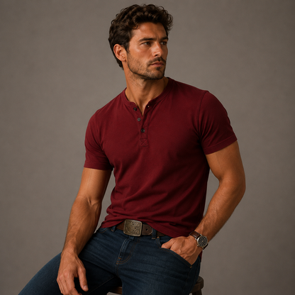 Heren Henley T-shirt Korte Mouw met Knoopsluiting Rood
