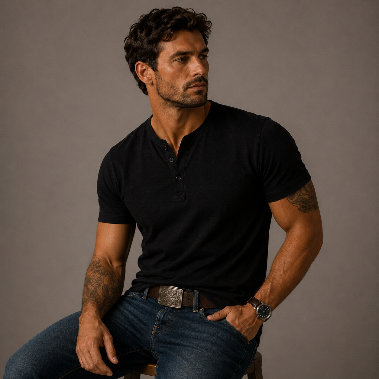 Heren Henley T-shirt Korte Mouw met Knoopsluiting Zwart