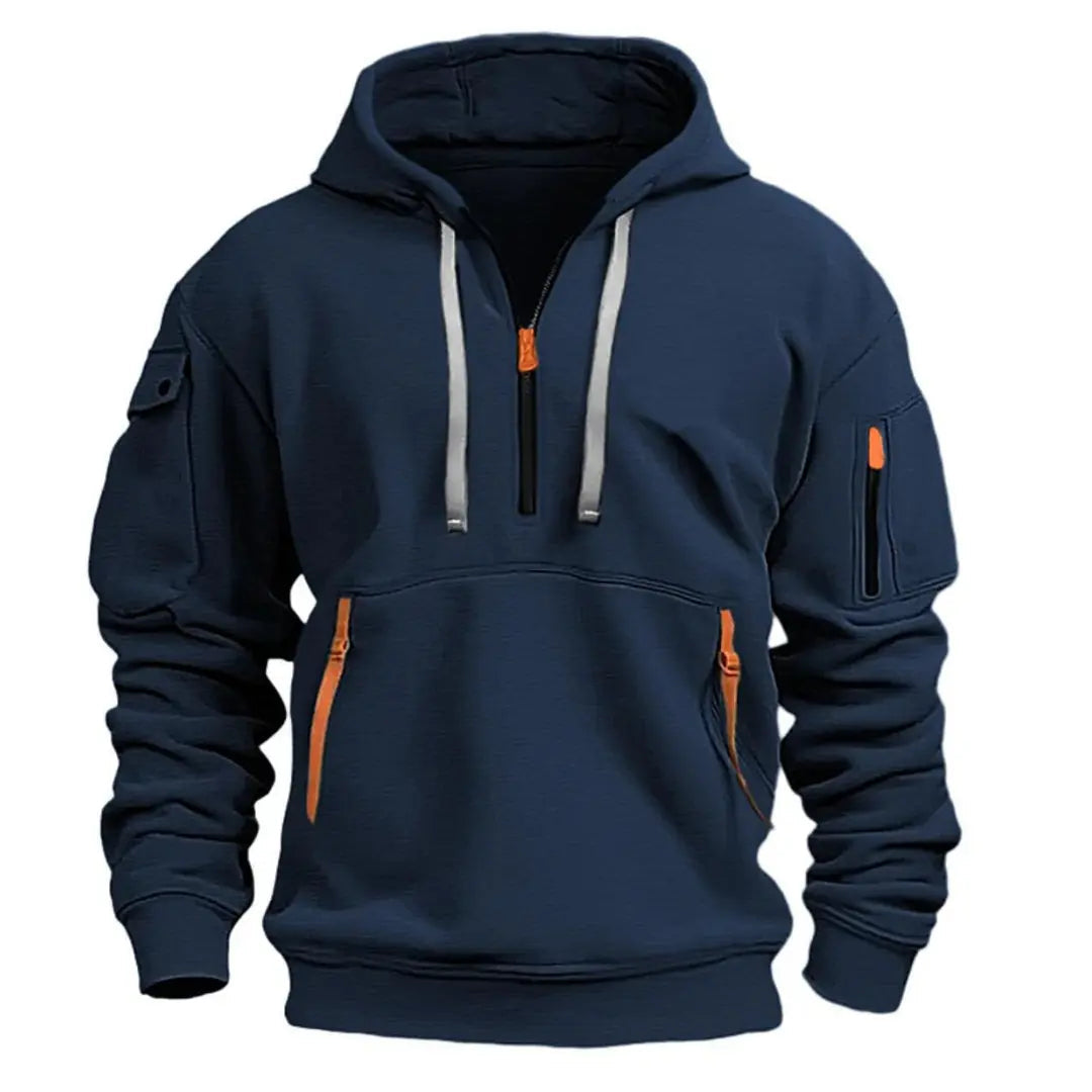 Heren Hoodie met Kwart Rits, Capuchon en Meerdere Ritszakken Donkerblauw