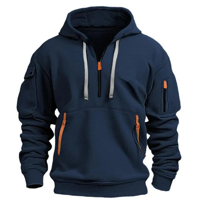Heren Hoodie met Kwart Rits, Capuchon en Meerdere Ritszakken Donkerblauw