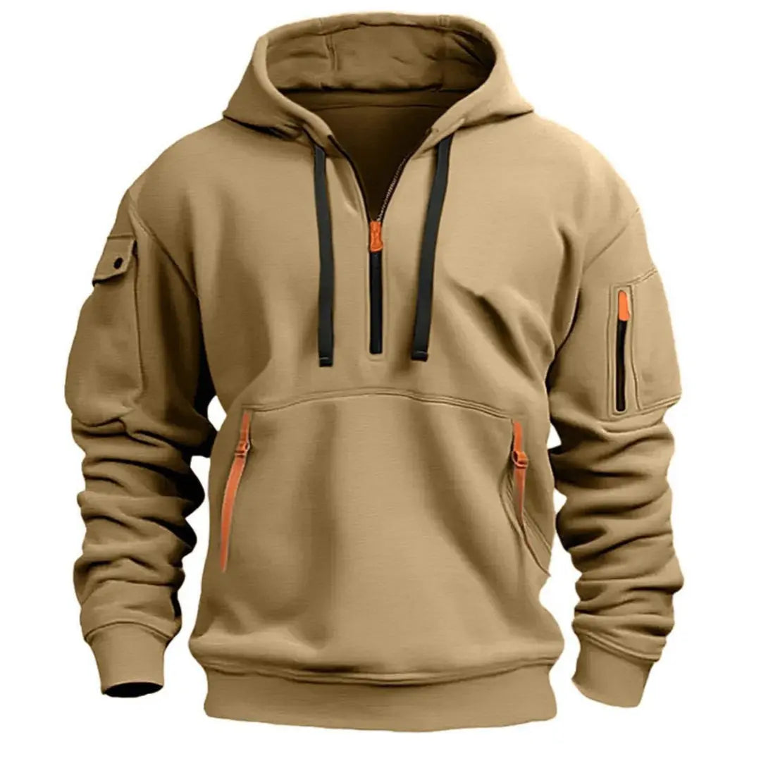 Heren Hoodie met Kwart Rits, Capuchon en Meerdere Ritszakken Khaki