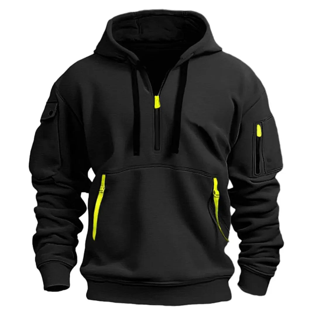 Heren Hoodie met Kwart Rits, Capuchon en Meerdere Ritszakken Zwart