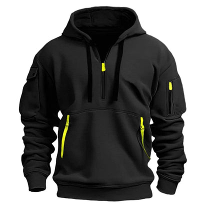 Heren Hoodie met Kwart Rits, Capuchon en Meerdere Ritszakken Zwart