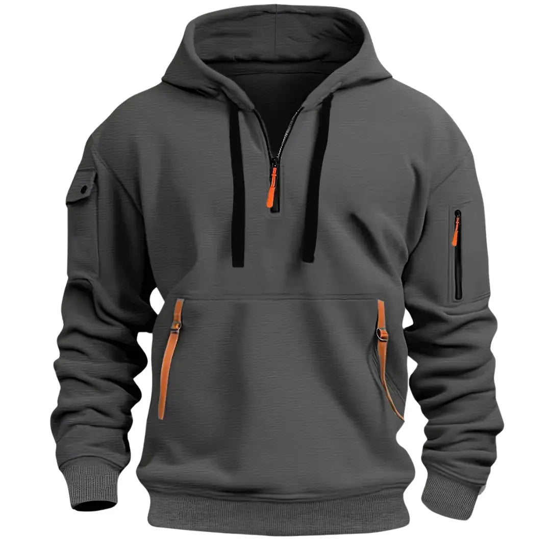 Heren Hoodie met Kwart Rits, Capuchon en Meerdere Ritszakken Donkergrijs