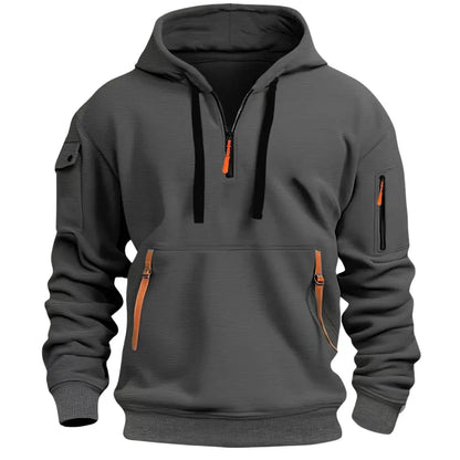 Heren Hoodie met Kwart Rits, Capuchon en Meerdere Ritszakken Donkergrijs