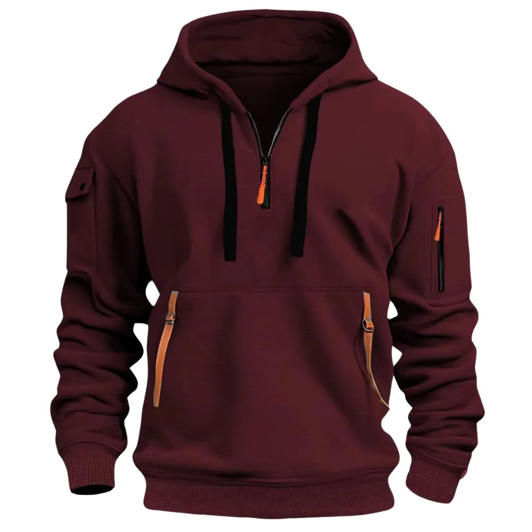 Heren Hoodie met Kwart Rits, Capuchon en Meerdere Ritszakken Rood
