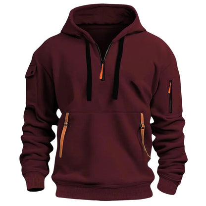Heren Hoodie met Kwart Rits, Capuchon en Meerdere Ritszakken Rood