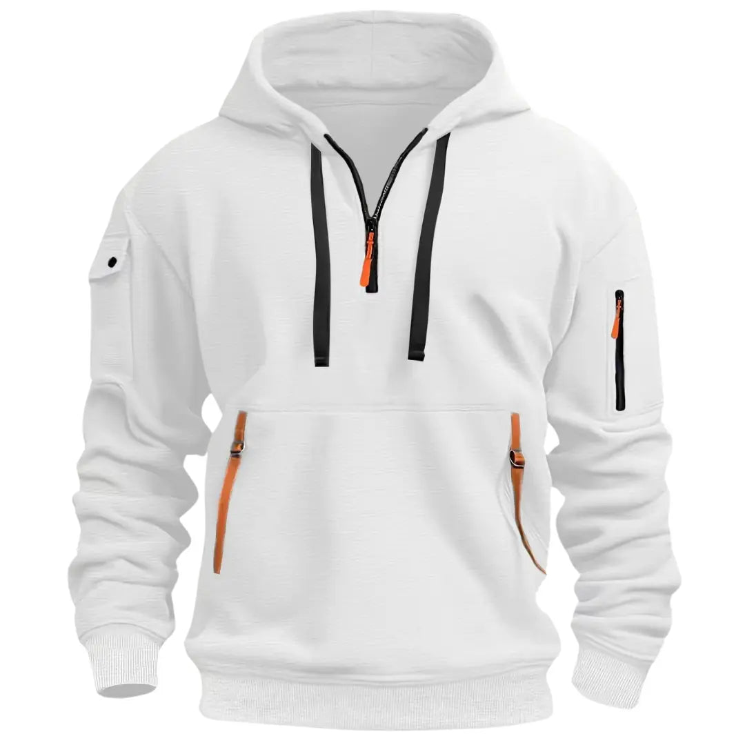 Heren Hoodie met Kwart Rits, Capuchon en Meerdere Ritszakken Wit