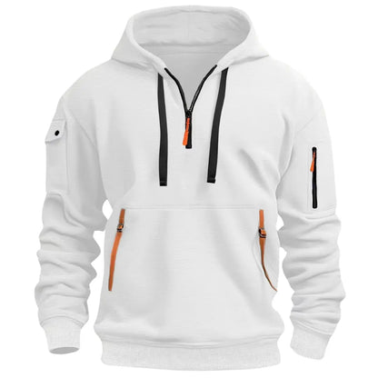 Heren Hoodie met Kwart Rits, Capuchon en Meerdere Ritszakken Wit