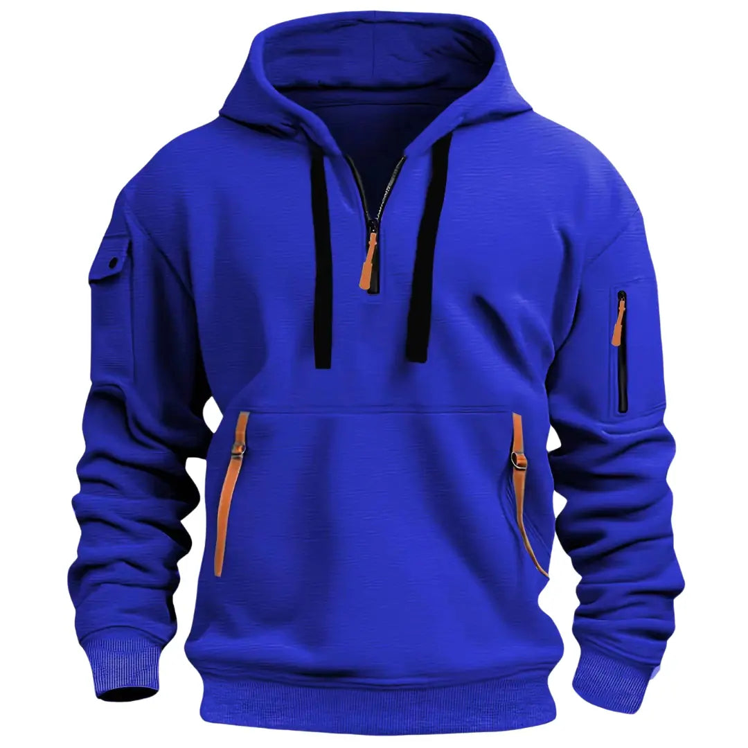 Heren Hoodie met Kwart Rits, Capuchon en Meerdere Ritszakken Blauw