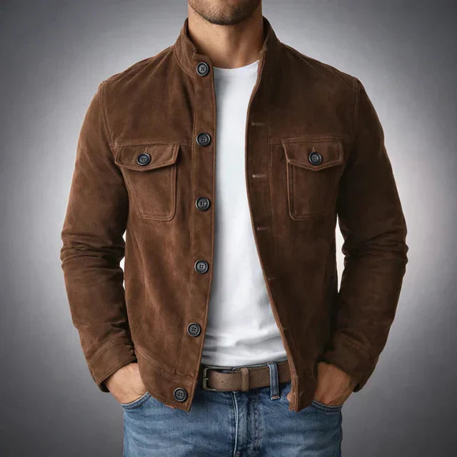 Heren Jacket met Staande Kraag en Knoopsluiting Donkerbruin