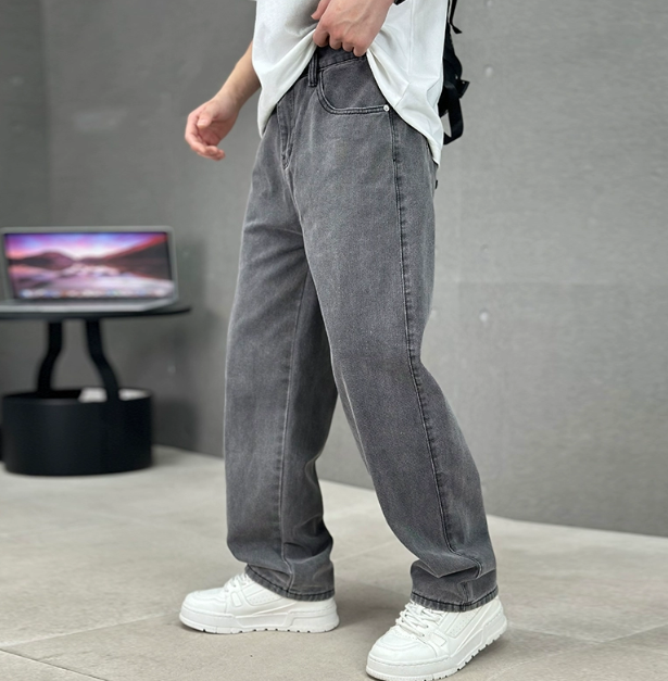Heren Jeans Loose Fit Donkergrijs
