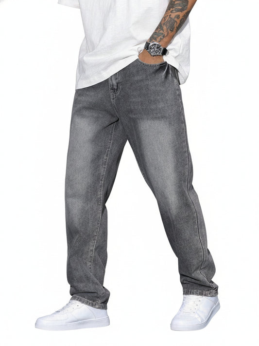 Heren Jeans Straight Fit met Rechte Pijpen en Knoopsluiting