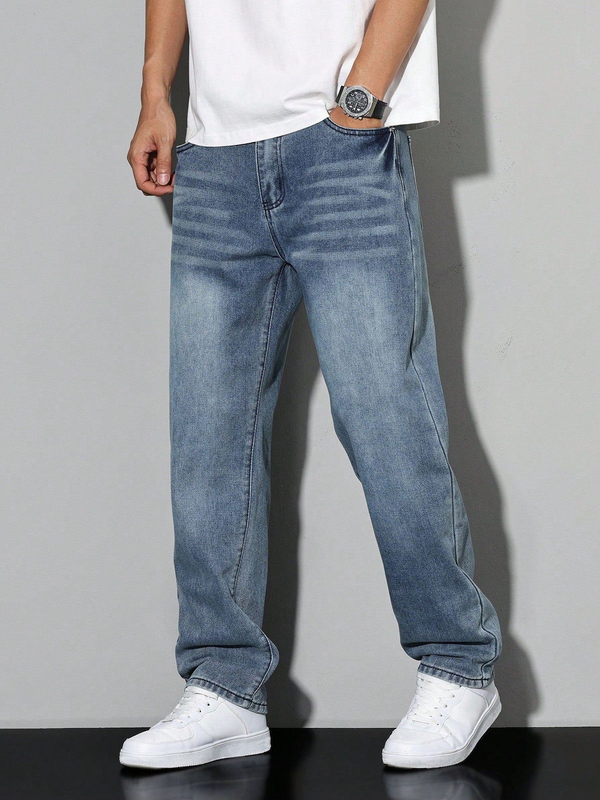 Heren Jeans Straight Fit met Rechte Pijpen en Knoopsluiting Cyaanblauw
