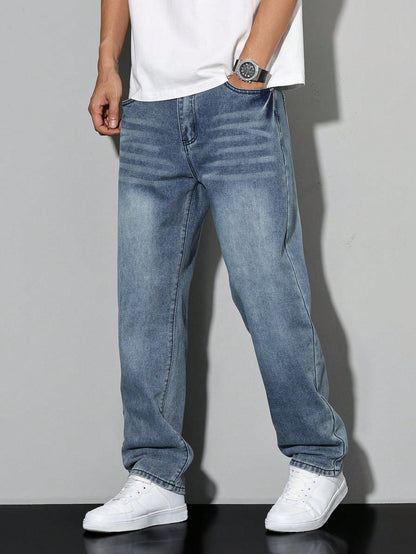 Heren Jeans Straight Fit met Rechte Pijpen en Knoopsluiting Cyaanblauw