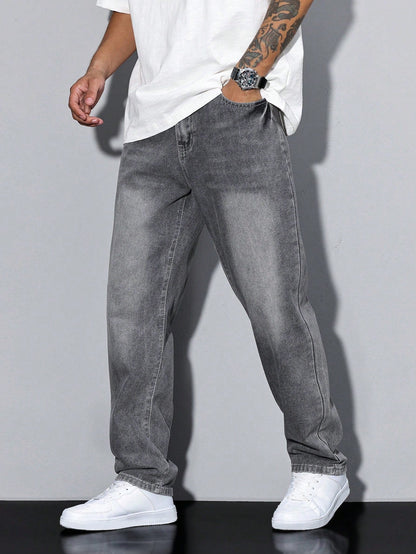 Heren Jeans Straight Fit met Rechte Pijpen en Knoopsluiting Grijs
