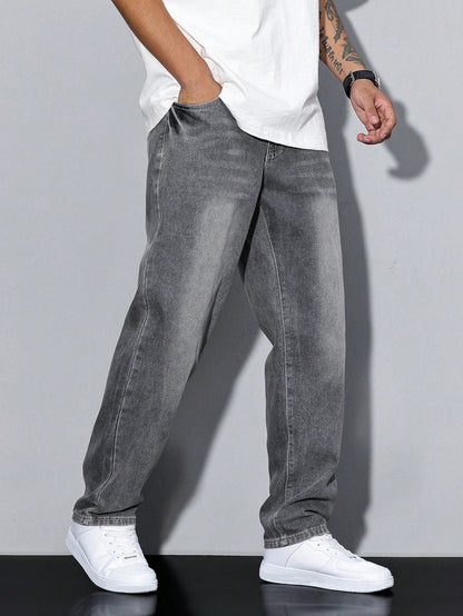 Heren Jeans Straight Fit met Rechte Pijpen en Knoopsluiting
