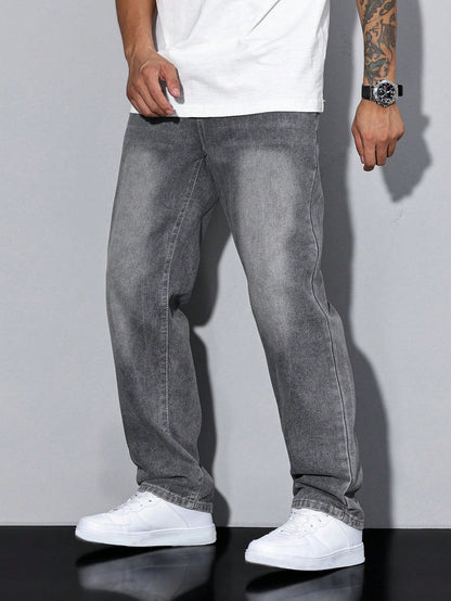 Heren Jeans Straight Fit met Rechte Pijpen en Knoopsluiting