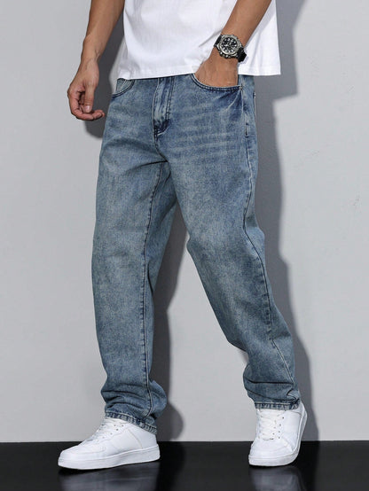 Heren Jeans Straight Fit met Rechte Pijpen en Knoopsluiting Koningsblauw