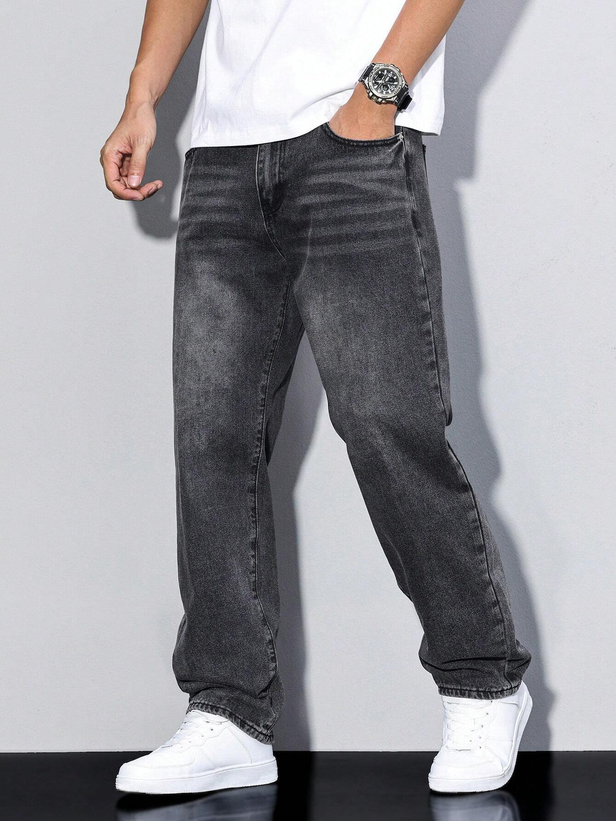 Heren Jeans Straight Fit met Rechte Pijpen en Knoopsluiting