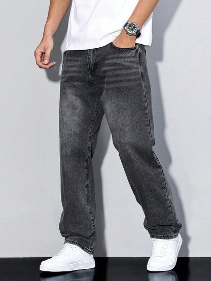 Heren Jeans Straight Fit met Rechte Pijpen en Knoopsluiting