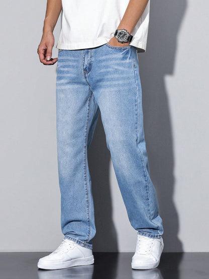 Heren Jeans Straight Fit met Rechte Pijpen en Knoopsluiting Lichtblauw