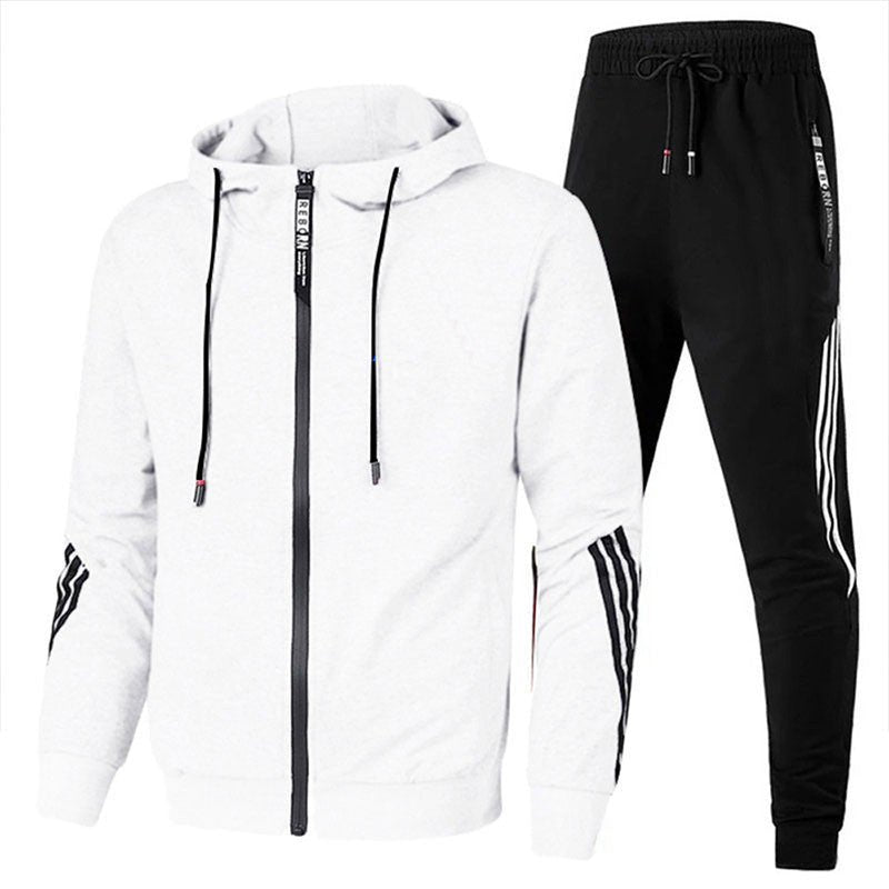 Heren Joggingpak met Capuchon, Rits en Gestreepte Details Wit