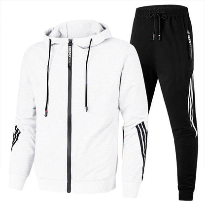 Heren Joggingpak met Capuchon, Rits en Gestreepte Details Wit