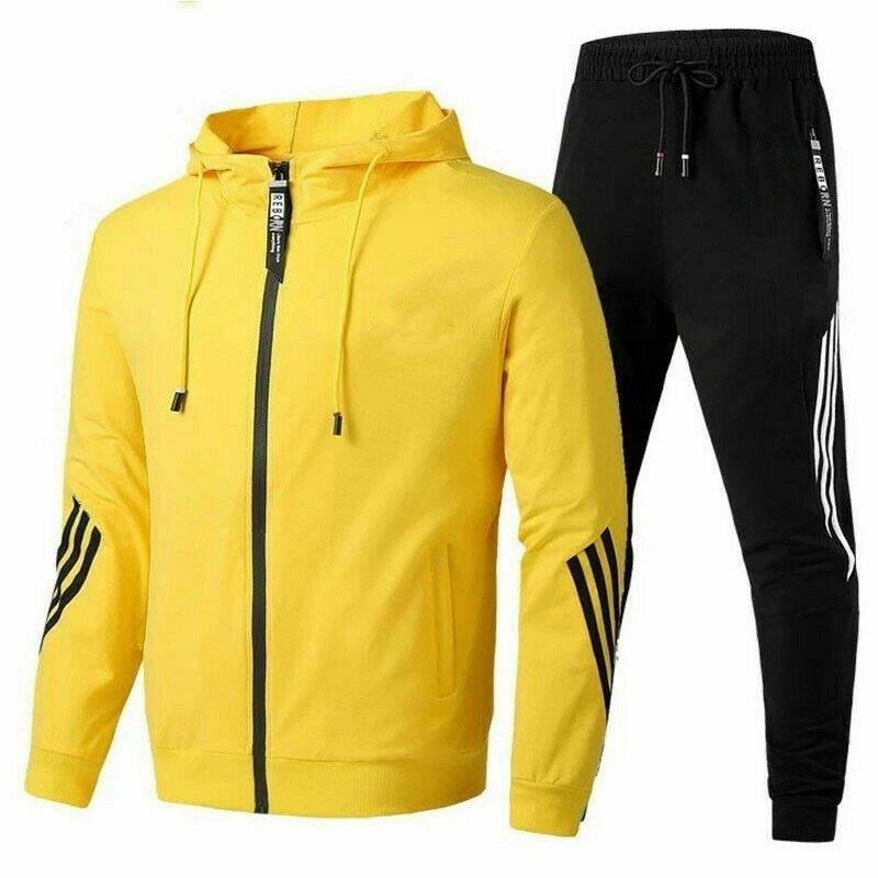 Heren Joggingpak met Capuchon, Rits en Gestreepte Details Geel
