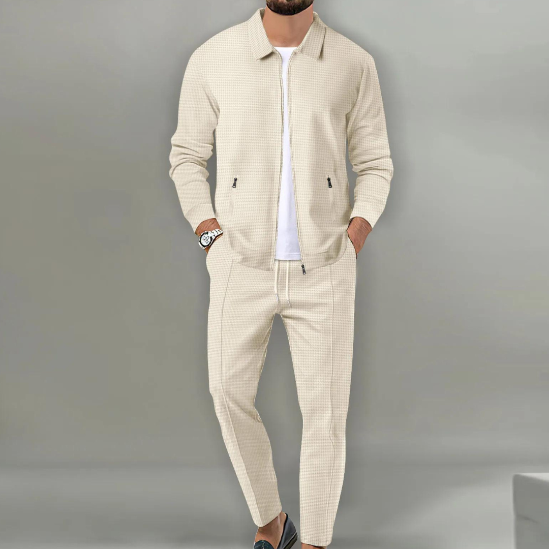 Heren Joggingpak Slim Fit met Ritssluiting en Omgeslagen Kraag Beige