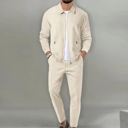 Heren Joggingpak Slim Fit met Ritssluiting en Omgeslagen Kraag Beige