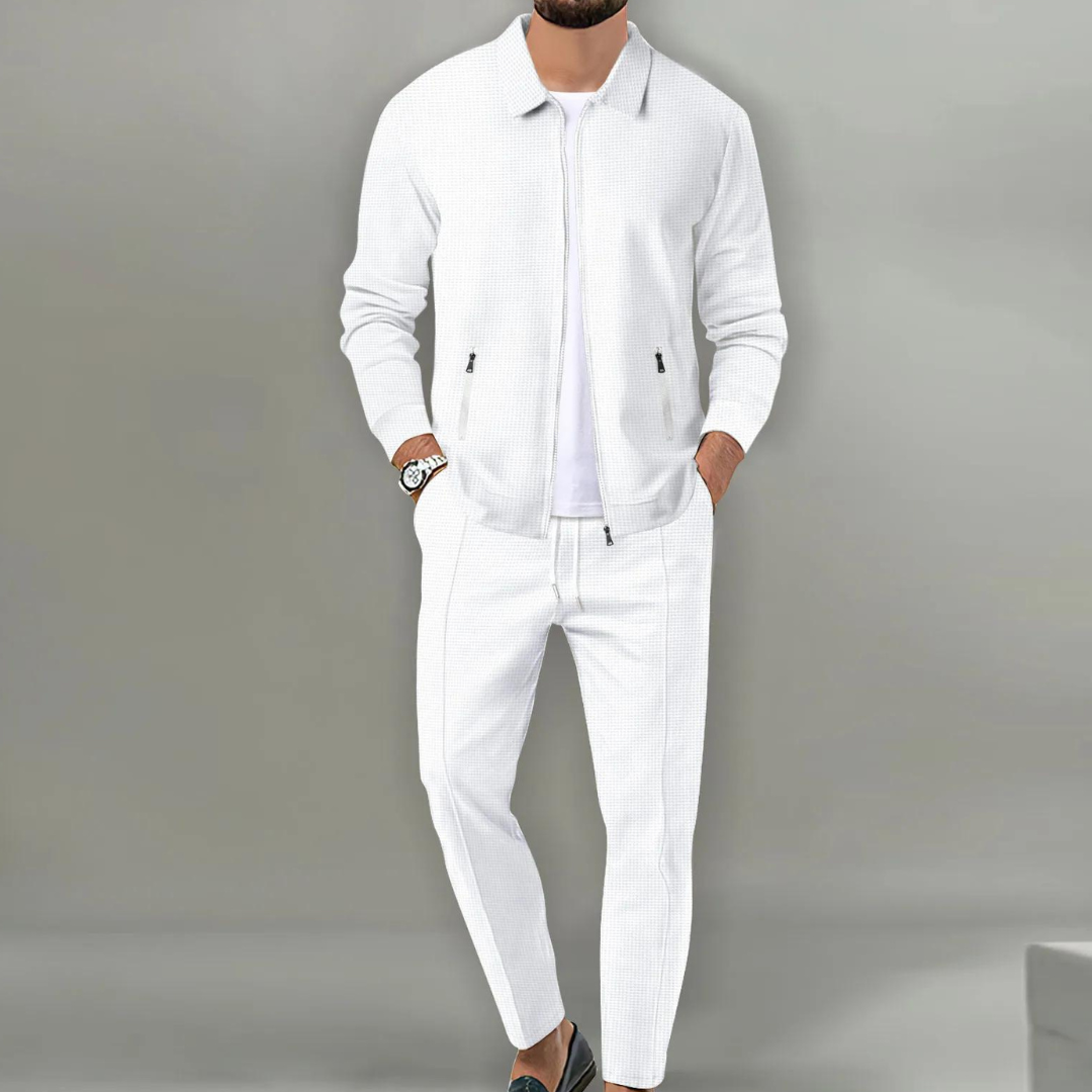 Heren Joggingpak Slim Fit met Ritssluiting en Omgeslagen Kraag Wit