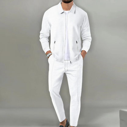 Heren Joggingpak Slim Fit met Ritssluiting en Omgeslagen Kraag Wit