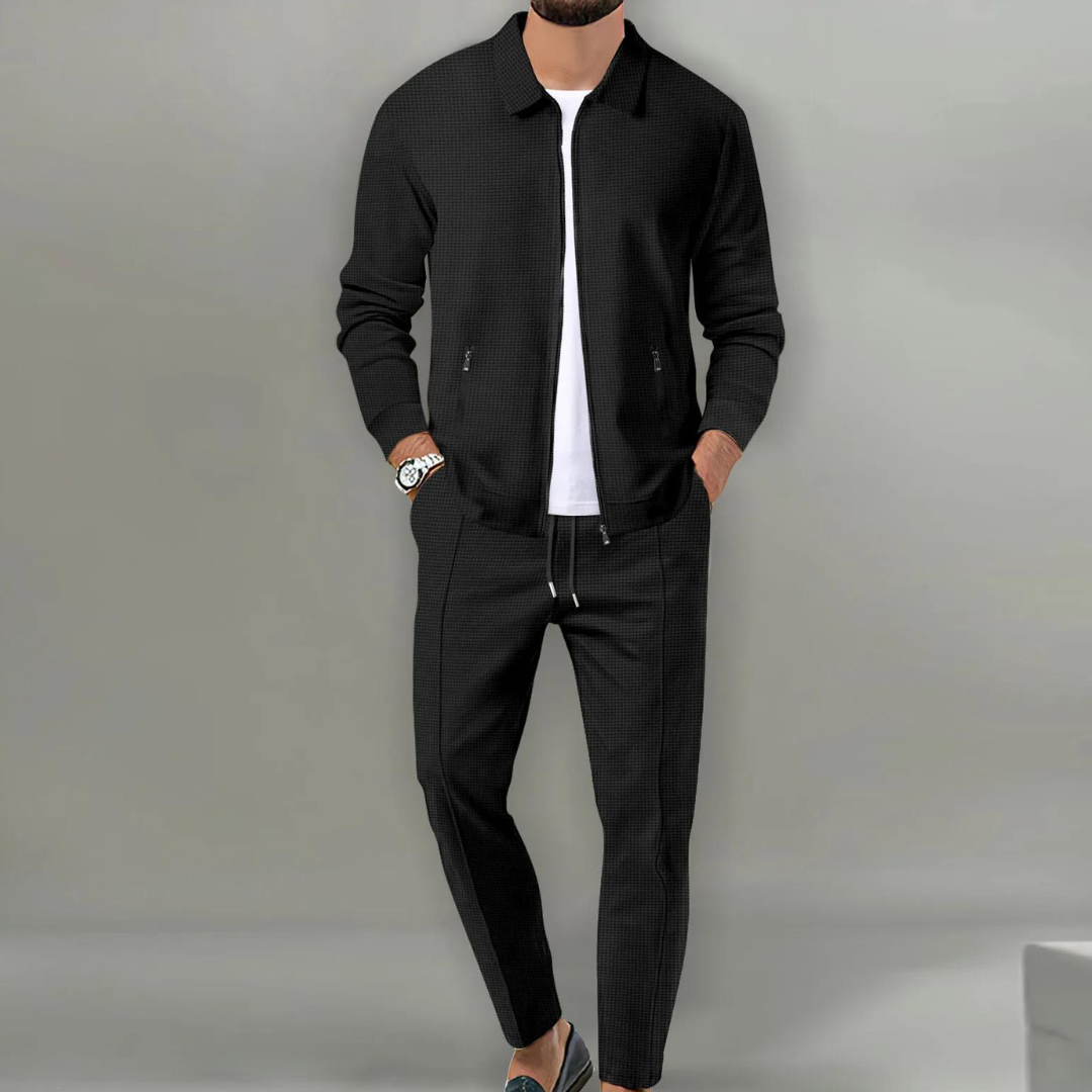 Heren Joggingpak Slim Fit met Ritssluiting en Omgeslagen Kraag Zwart