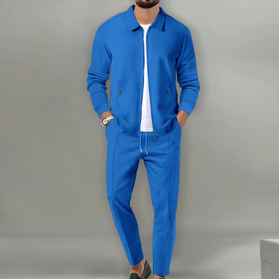 Heren Joggingpak Slim Fit met Ritssluiting en Omgeslagen Kraag Blauw