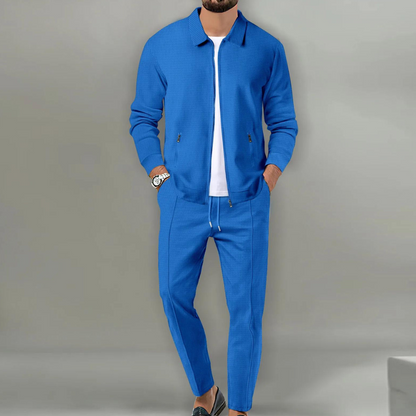 Heren Joggingpak Slim Fit met Ritssluiting en Omgeslagen Kraag Blauw