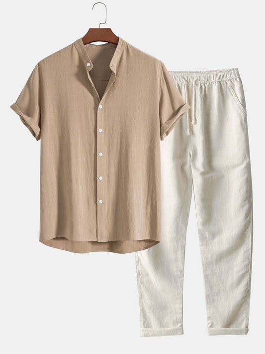 Heren Kleding Set Shirt Korte Mouw met Staande Kraag en Broek met Trekkoord Beige