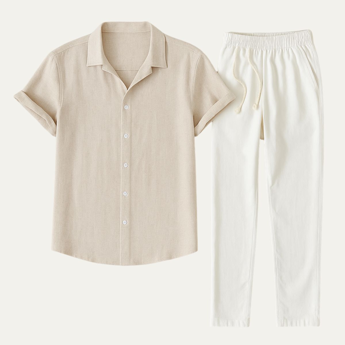 Heren Kledingset Shirt Korte Mouw met Campagnekraag en Broek met Trekkoord Kaki