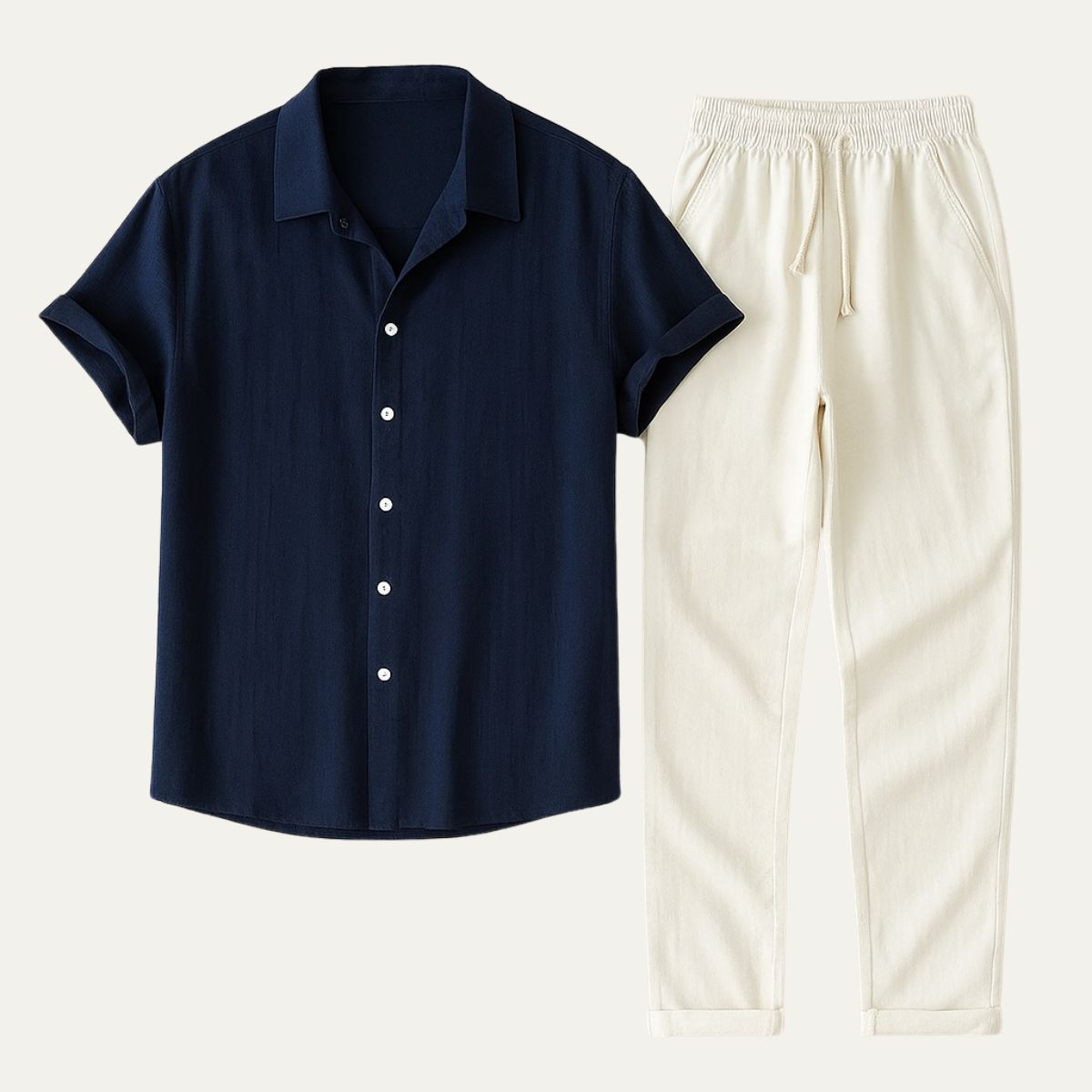 Heren Kledingset Shirt Korte Mouw met Campagnekraag en Broek met Trekkoord Marineblauw
