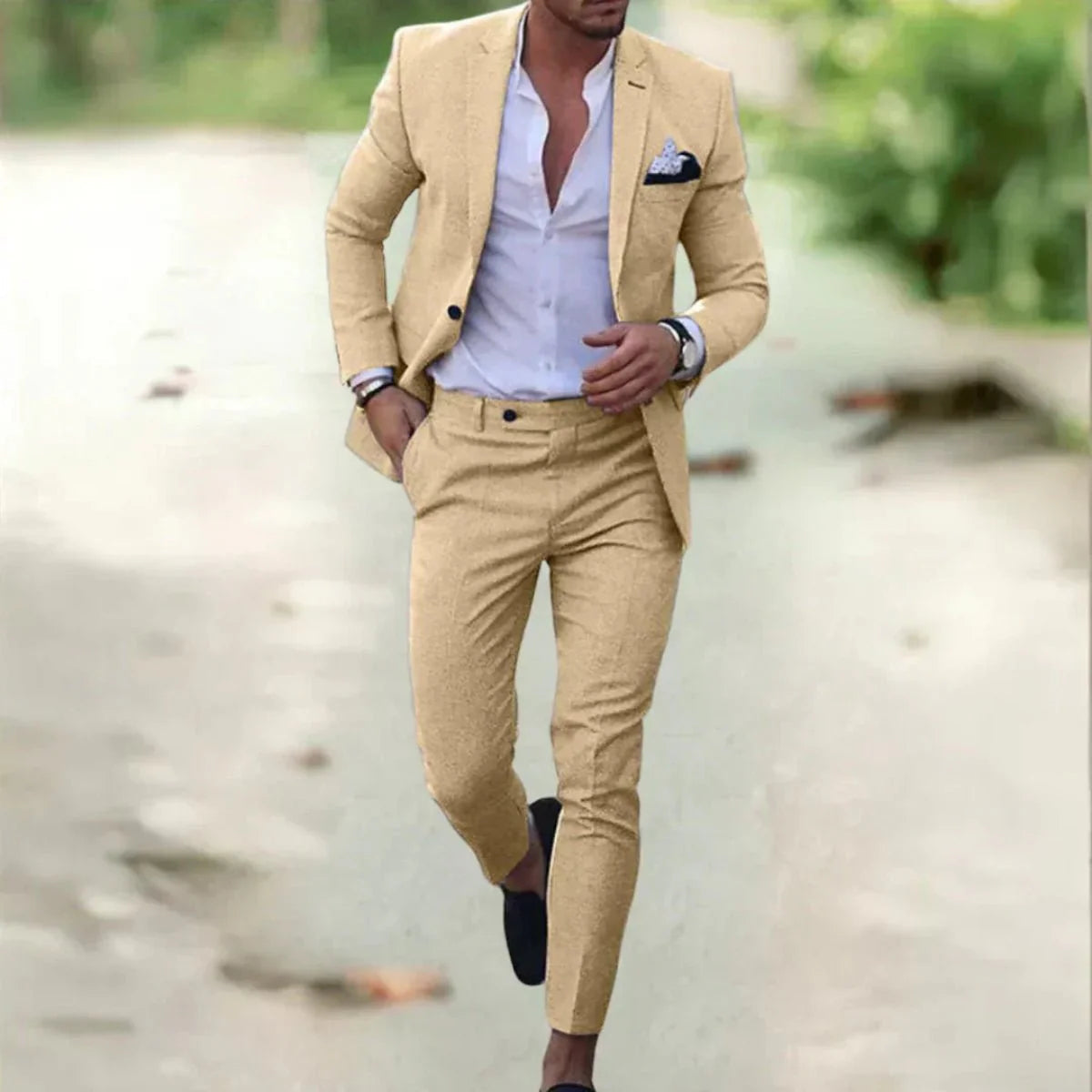 Heren Kostuum Slim Fit met Blazer en Broek voor Bruiloft en Feest Beige