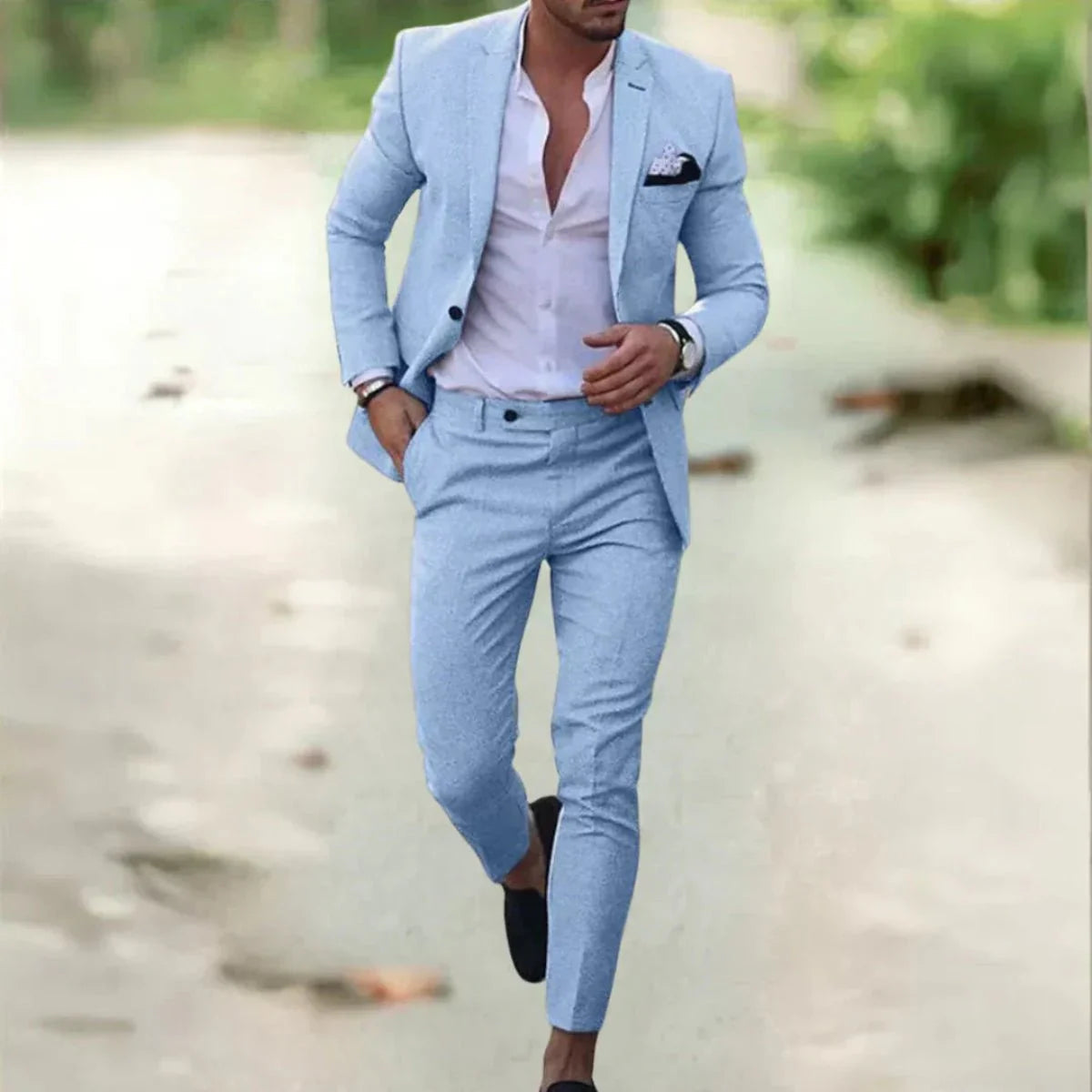 Heren Kostuum Slim Fit met Blazer en Broek voor Bruiloft en Feest Lichtblauw