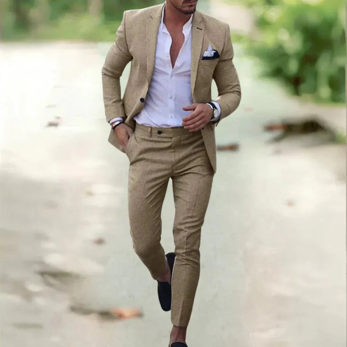 Heren Kostuum Slim Fit met Blazer en Broek voor Bruiloft en Feest Khaki