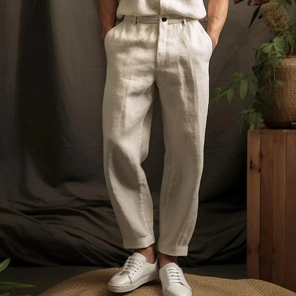 Heren Lange Broek met Omslag, Zijzakken en Knoopsluiting Beige